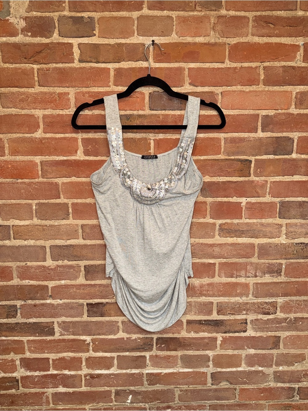 Women's Light Gray Sequin Scoop Neck Tank Top Janette Made in USA